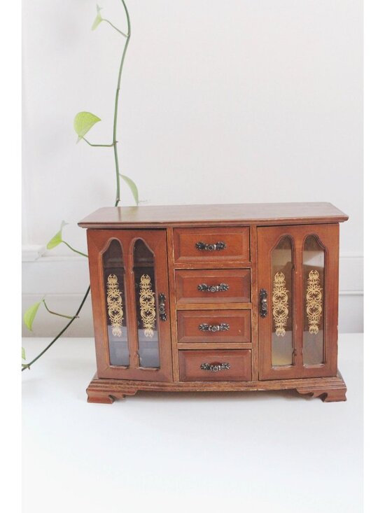 Other - Vintage Wooden Jewelry Box Armoire London Leather - Ornate Glass Doors - Mid Cen